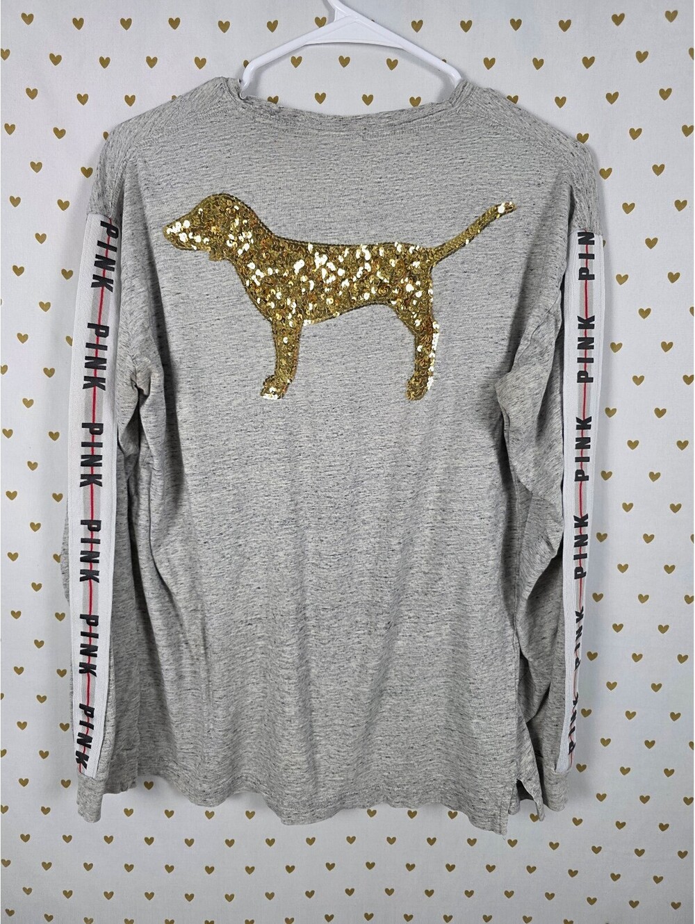 Victorias Secret PINK Gold Bling Sequined Dog Logo Long sleeve tee shirt SMALL